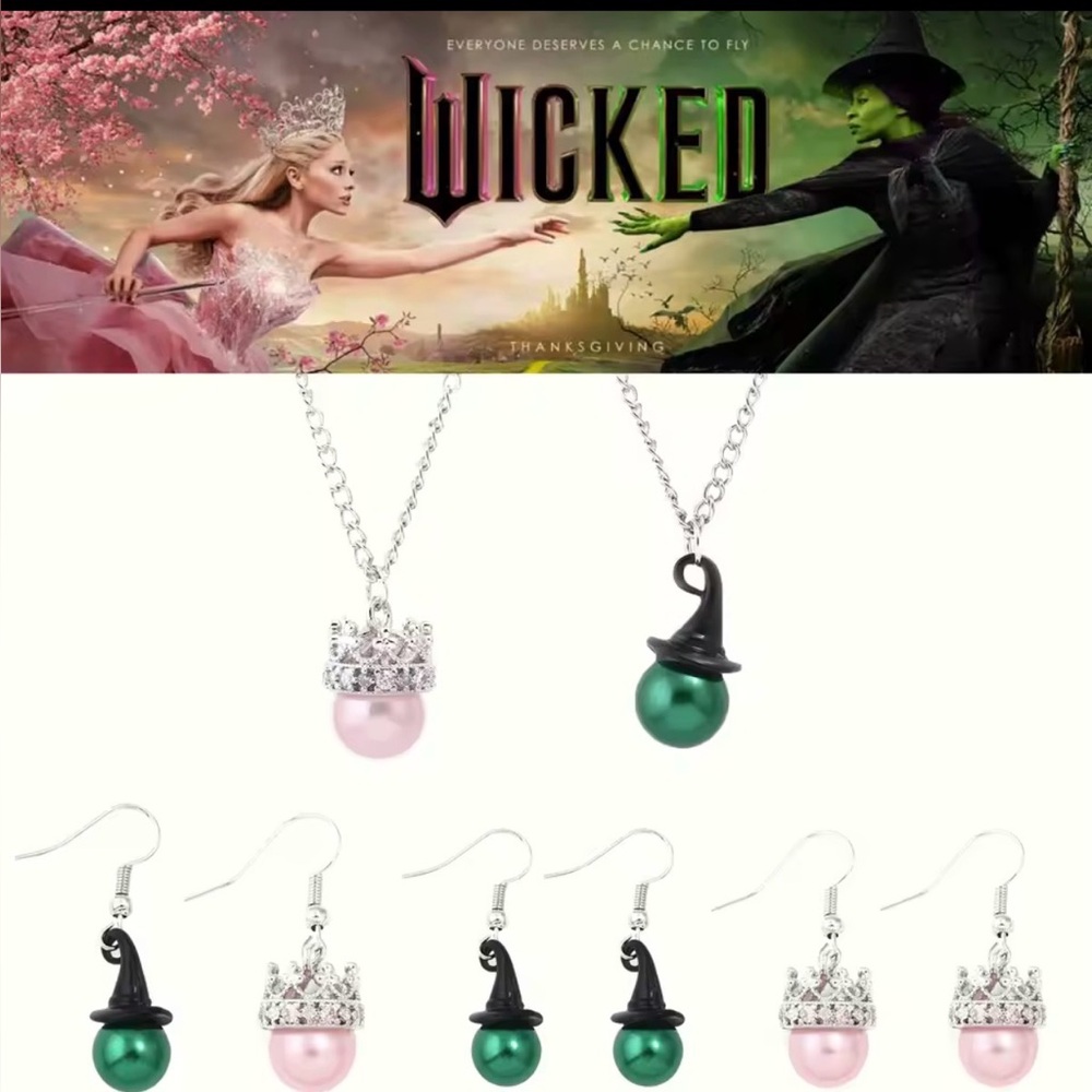 Wicked Glenda The Good Witch Faux Pink Pearl Necklace & Earrings Set Silver Tone - Picture 10 of 13